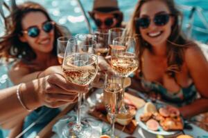 AI generated Group of Friends Enjoying Champagne on a Yacht. Three smiling friends in stylish sun hats and sunglasses toasting with champagne glasses on a sunny yacht day. photo