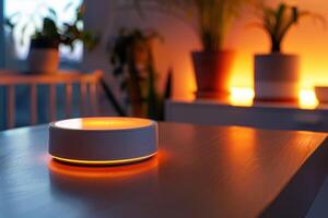 AI generated Voice Activated Smart Assistant on Wooden Floor. A voice-activated smart assistant device with a glowing ring sits on a wooden floor in a modern home during the evening. photo