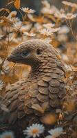 AI generated Pangolin in the the natural flowers field background photo