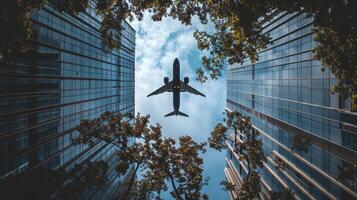 AI generated Urban Oasis. Commercial Building Framed by Lush Trees with a Plane Soaring Above in the Sky. photo