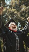 AI generated A Senior Man Celebrates His Graduation, Embracing the Achievement of Lifelong Learning and Personal Growth photo