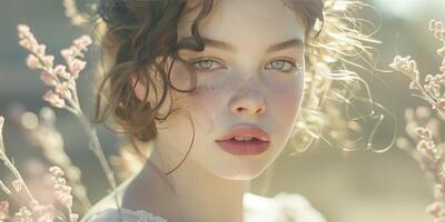 AI generated Captivating Beauty Close-Up Portrait of a Young Girl, Radiating Youthfulness and Grace. photo