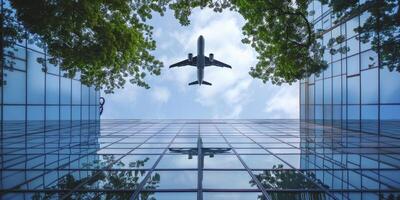 AI generated Urban Oasis. Commercial Building Framed by Lush Trees with a Plane Soaring Above in the Sky. photo