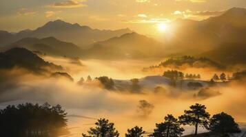 AI generated Golden Sunrise. Snow-Covered Mountains and Misty Valleys Awaken to the Warmth of Dawn photo