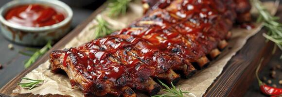 ai generado barbacoa costillas carne de vaca y salsa de tomate en el corte tablero foto