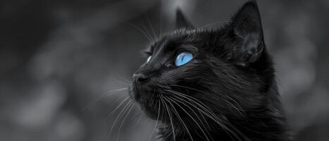 ai generado enigmático elegancia. un negro gato con perforación azul morado ojos, iluminado en un negro y blanco atmósfera, radiante misterio y gracia. foto