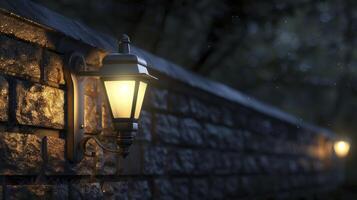 AI generated Night Glow. Close-Up of a Wall Lamp Illuminating the Compound Wall with Bright White Light, Adding Elegance to the Night Scene. photo