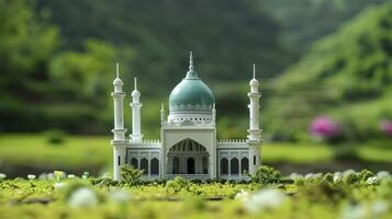 AI generated Small model mosque in the green natural field background photo