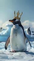 ai generado un pingüino vistiendo un dorado corona foto