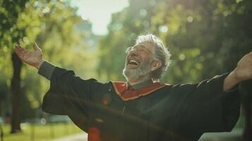 ai generado un mayor hombre celebra su graduación, abrazando el logro de para toda la vida aprendizaje y personal crecimiento foto