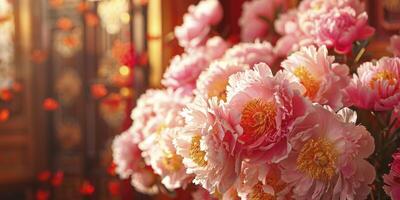 AI generated Blooms of Beauty. Peonies in Full Splendor, Radiating Vibrant Colors and Elegance in Full Bloom. photo