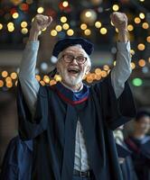 AI generated A Senior Man Celebrates His Graduation, Embracing the Achievement of Lifelong Learning and Personal Growth photo