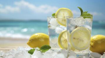 AI generated Refreshing Beachside Delight. Lemonade with Ice and Fresh Mint Served in Two Glasses Against the Backdrop of the Ocean and Sandy Beach. photo