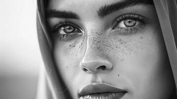 AI generated Elegant Grace. Black and White Photography Showcasing the Beautiful Features of an Arab Girl, Capturing Timeless Beauty and Sophistication. photo