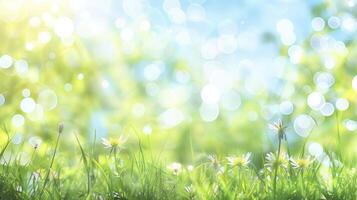 AI generated Beautiful spring green grass on bokeh background photo