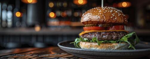 AI generated Sizzling Satisfaction. Juicy Steak Burger Served on a Plate atop a Wooden Table, Tempting the Taste Buds with Its Irresistible Aroma and Flavor. photo