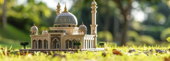 AI generated Small model mosque in the green natural field background photo