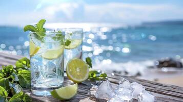 AI generated Refreshing Beachside Delight. Lemonade with Ice and Fresh Mint Served in Two Glasses Against the Backdrop of the Ocean and Sandy Beach. photo