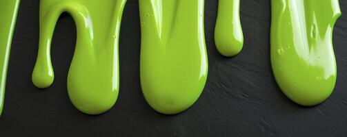 AI generated Viscous Green Fluid. Flowing Vertically in Smooth, Wavy Drips on a Black Surface photo