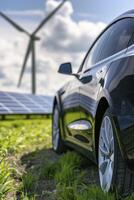 ai generado conducción hacia sostenibilidad, eléctrico vehículo cargando a estación en medio de solar paneles y molino fondo foto