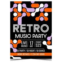 Music party invitation in old retro style with abstract elements on a black background. Vector leaflet, flyer, poster or banner for a disco dance show or entertainment event at night club.