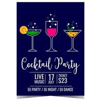 Cocktail party banner or poster template for networking or business reception with aperitif and alcohol drinks. Vector invitation leaflet or flyer with glasses full of various beverage with bubbles.