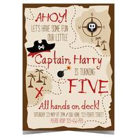 Children's birthday party invitation template. Little captain is inviting friends, boys and girls on a journey for the treasure hunt. Get ready to have some fun in a quest using the parchment map. vector