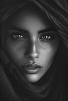 AI generated Elegant Grace. Black and White Photography Showcasing the Beautiful Features of an Arab Girl, Capturing Timeless Beauty and Sophistication. photo