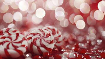 AI generated Collection of Red and White Swirl Candies Against a Festive Bokeh Background photo