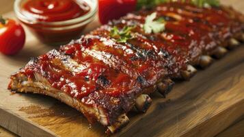 AI generated BBQ ribs beef and ketchup on the cutting board photo