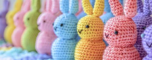 ai generado Pascua de Resurrección deleitar. filas de tejido a ganchillo conejos, creando un encantador decoración para el Pascua de Resurrección festival. foto