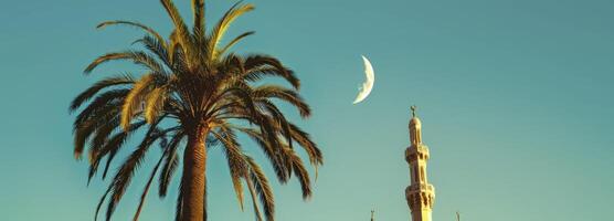 AI generated Mosque, palms plant and moon. Ramadan concept photo