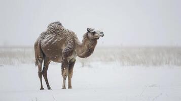 AI generated Arabian Camel Standing Majestically in the Snow photo