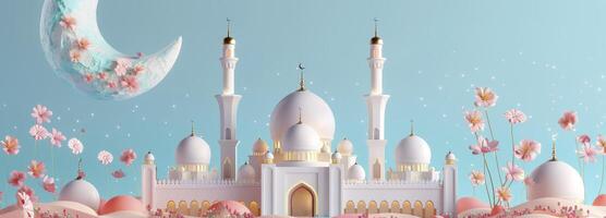 AI generated Mosque and moon with flowers against blue background photo