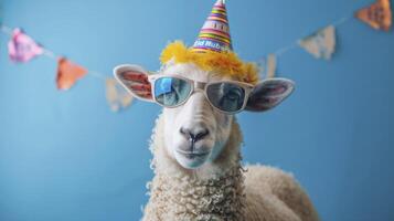 AI generated Eid concept sheep wearing a party hat and sunglasses, with the text Eid Mubarak photo