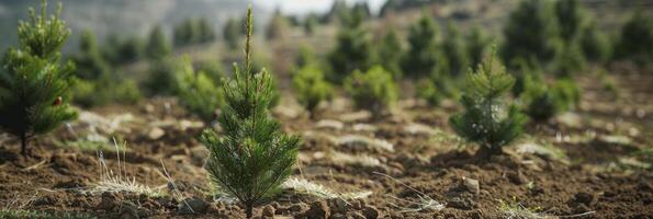 ai generado rejuvenecedor naturaleza pabellón, plantando conífera arboles en el abierto extensión de un montañoso paisaje foto