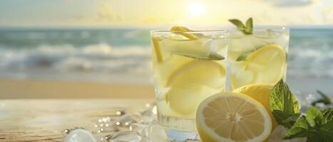 AI generated Refreshing Beachside Delight. Lemonade with Ice and Fresh Mint Served in Two Glasses Against the Backdrop of the Ocean and Sandy Beach. photo