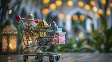 AI generated Shopping cart with gift boxes eid concept photo