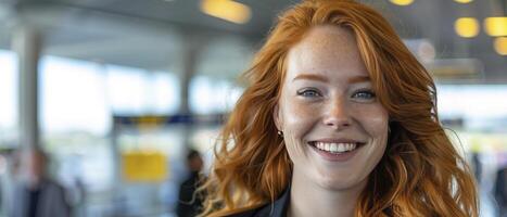 AI generated Airport Chic. A Young Woman, Red-Haired Supermodel, Radiates Style and Confidence in a Sleek Black Suit, Navigating the Bustle of the Airport. photo