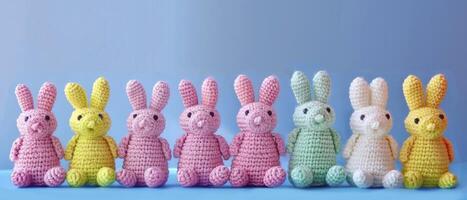 AI generated Easter Delight. Rows of Crocheted Rabbits, Creating a Charming Decoration for the Easter Festival. photo