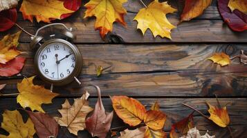 AI generated Alarm clock with color leaves on wooden table photo