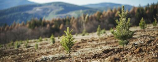 ai generado rejuvenecedor naturaleza pabellón, plantando conífera arboles en el abierto extensión de un montañoso paisaje foto