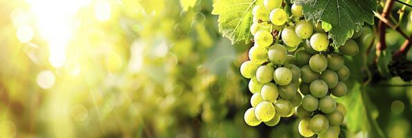 ai generado racimo de iluminado por el sol verde uvas colgado desde vino foto