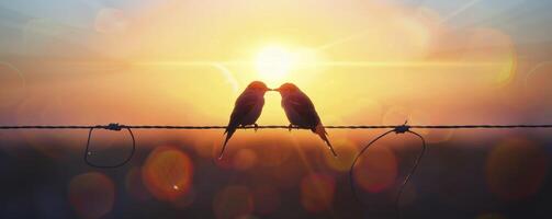 ai generado a puesta de sol dos aves abrazo amor y romance en un enamorado día abrazo foto