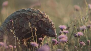 AI generated Pangolin in the the natural flowers field background photo