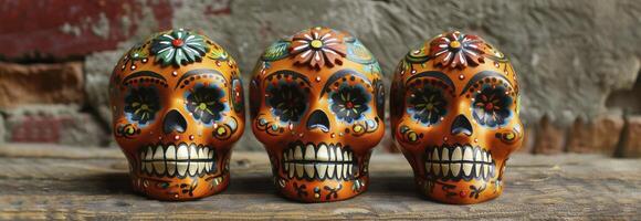 AI generated Orange skull with flowers, Cinco de Mayo day concept photo