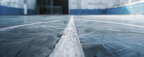 AI generated Empty Basketball Court. Close-Up of White and Gray Lined Flooring, Evoking Outdoor Scenes with Dark Gray and Blue Tones for Smooth Texture and Depth. photo