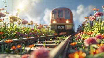 ai generado urbano oasis. metro tren deslizamiento en pistas, rodeado por flores y verde césped, creando un inesperado refugio en el corazón de el ciudad. foto
