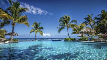ai generado tropical paraíso. isla palma árboles, nadando quinielas, y Brillo Solar en un Perfecto soleado día. foto