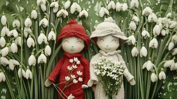 AI generated A Boy and a Girl Holding Bouquets of Snowdrop Flowers, Embracing the Martenitsa Tradition on March 1st. photo